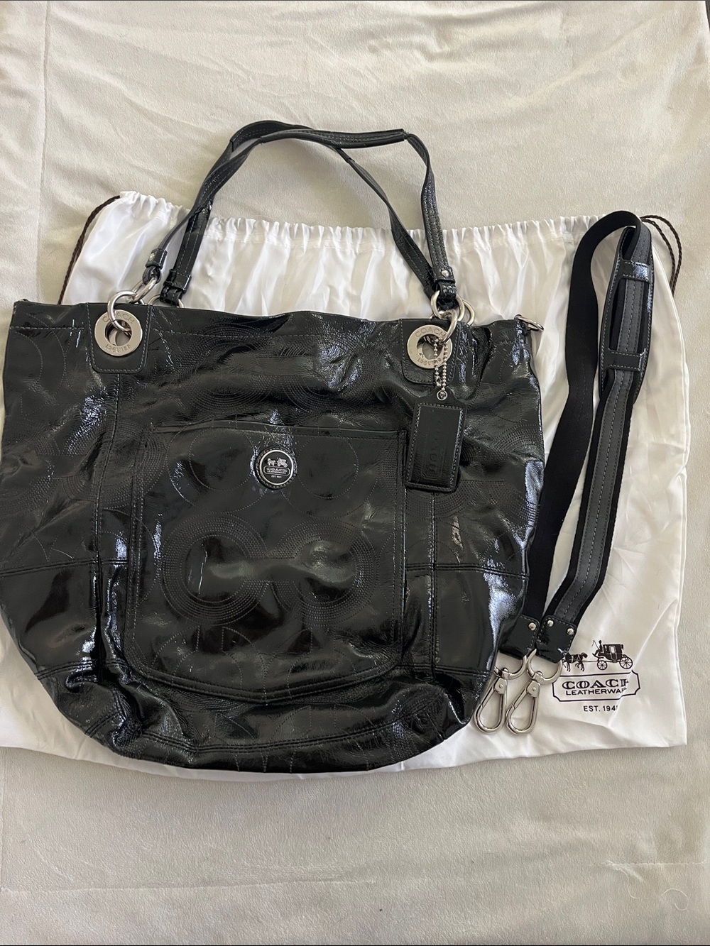 Coach Black Patent Leather Shoulder Tote with Detachable Crossbody Strap